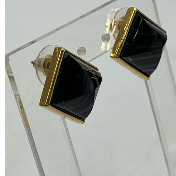 Henri Bendel‎ Gold Plated Black Onyx Pyramid Studs Earrings - Picture 4 of 15